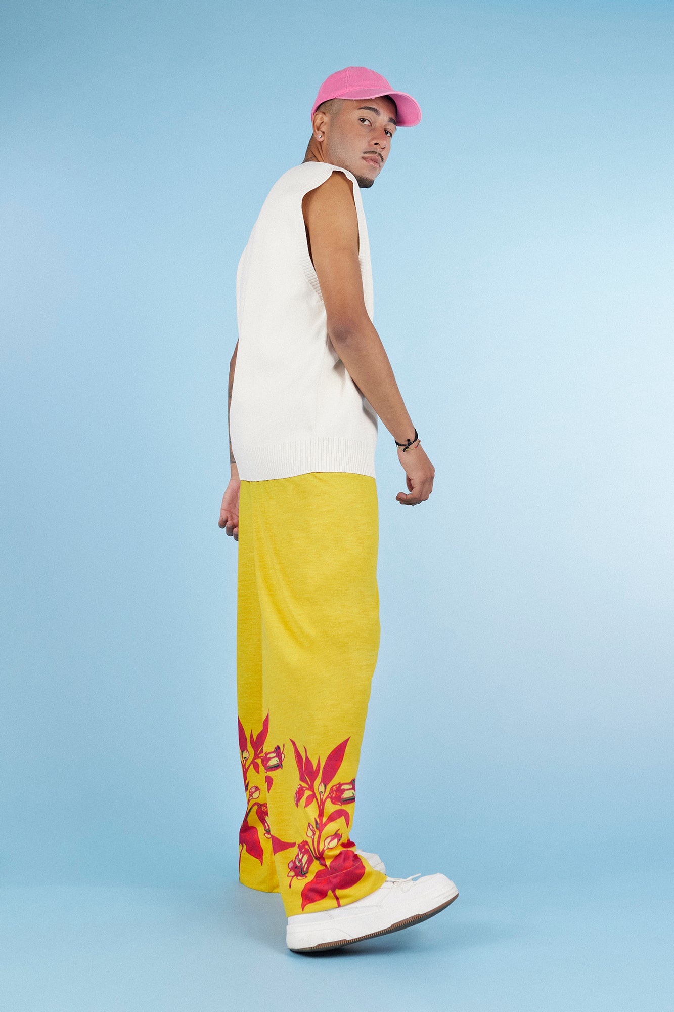 Unisex wide yellow pants with flowers