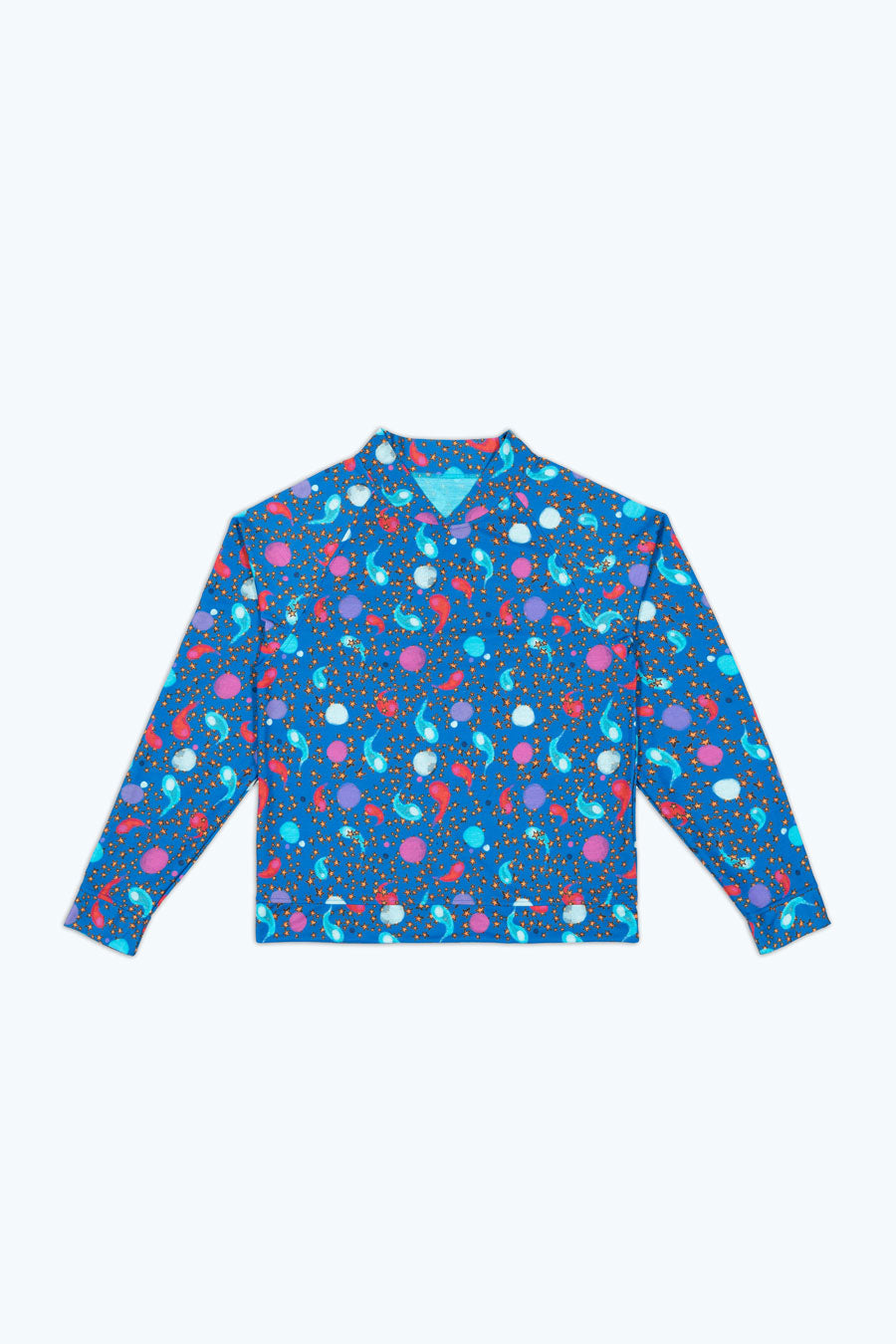 Blue printed sweater with funnel neck
