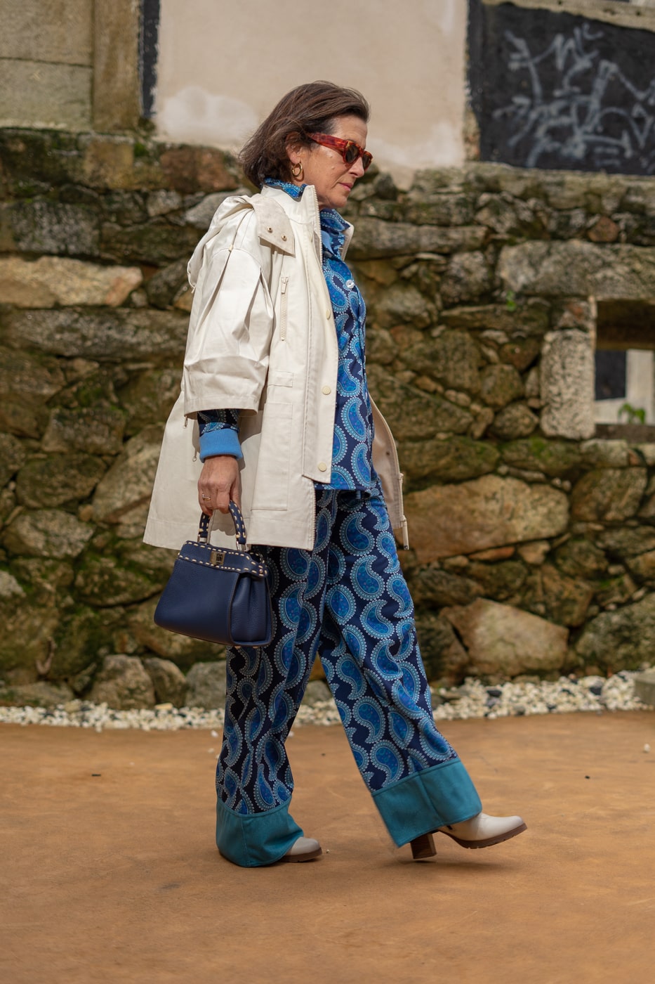 Straight blue paisley trousers with cuffs